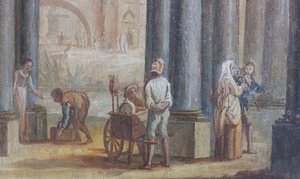 Sjangerscene, olje på tre, detalj av salongens vindusskodder, Dronningens leilighet, Jaktresidens, av Filippo Juvarra (1678-1736), Stupinigi, Piemonte, Italia