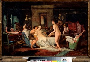 Eve of the Wedding Party in a Bath - Maleri av Firs Sergeevich Zhuraviev (1836-1901), olje på lerret 1885, russisk kunst
