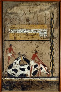 Egyptisk antikvitet: en okse blir ofret foran en sarkofag. Detrempe på leire og halm fra graven til generalen og kansleren til kong Iti i El Ghebelen nær Luxor. 2200-2000 f.Kr. Torino, egyptisk museum