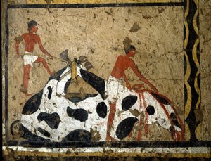 Egyptisk antikvitet: en okse blir ofret foran en sarkofag. Detrempe på leire og halm fra graven til generalen og kansleren til kong Iti i El Ghebelen nær Luxor. 2200-2000 f.Kr. Torino, egyptisk museum