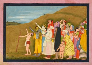 Krishna og familien hans beundrer en solformørkelse, kanskje en side fra «Kangra/Modi» <em>Bhagavata Purana</em> av First generation after Nainsukh