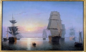 Boston Harbor i solnedgangen i 1850 Painting Fitz Hugh Lane (1804-1865) 1850 Privat samling av Fitz Henry Lane