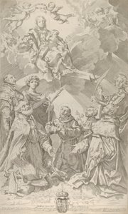 Skytshelgener for Bologna ser oppover på Jomfruen som sitter i skyene med..., 1640-50.