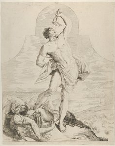 Samson holder kjevebenet til et esel over hodet og står ved siden av filiene..., ca. 1640-60.