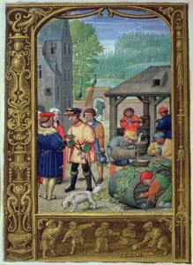 Legg til 24098 f.27v oktober: Vinhøst, fra en timebok, eller golfboken, ca. 1520-30 (vellum) av Flemish School
