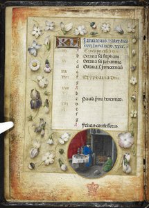 Legg til MS 38126 f.1v-kalenderside for januar, med en rund miniatyr av to menn som varmer seg før en brann, fra en 