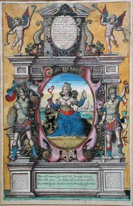 Allegori om byen Antwerpen (fargegravering) av Flemish School