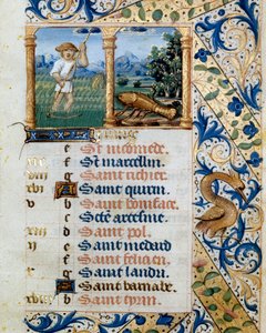 Kalender, juni, en bondeklipping og kreftens tegn. Side hentet fra en timebok ms. 47, opplyst av den flamske skolen. Badia de 