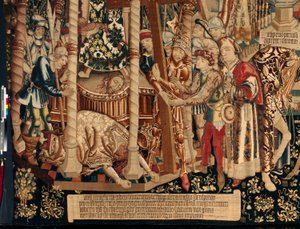 Katedralen (The Seo. Ca tedraal of the Savior of Zaragoza). Tapetmuseet. flamsk billedvev. Legenden om det hellige kors (Legenden om det hellige kors, om legenden om det hellige kors). Detalj. Ca. 1450. 430x1120cm. av Flemish School