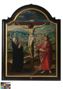 Sentralpanel av Triptych med korsfestelse og tekster (olje på panel) av Flemish School