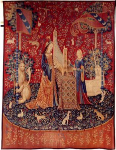 Curtain of the Lady of the Unicorn (Lady of the Unicorn): hørsel. Ull- og silketeppe laget mellom 1484 og 1500. Fra Chateau de Boussac, Creuse. Dim. 3,7x4,7 m. Paris, Nasjonalmuseet for middelalderen, Thermes de Cluny av Flemish School