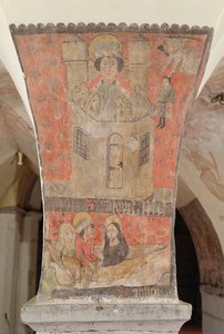 Daniel i Løvehulen, med under St. Julian, hans kone og Jesus Kristus, veggmaleri fra krypten, ca. 1480-1540 av Flemish School