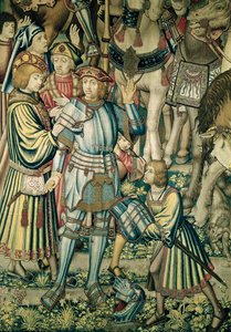 Detalj av hetitten Uria som var bevæpnet fra Assembling the Riders, fra teppet til David og Batseba, ca. 1510-15 (se også 98092) av Flemish School