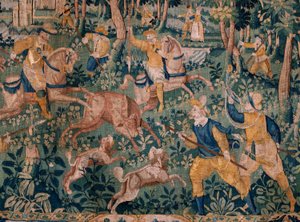 flamsk billedvev. Hjortejakt (Hunting a hjort). Atelier i Oudenaarde. 295x331 cm. Inv (82941)-1 / PRIVAT. 17. århundre. av Flemish School