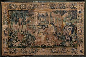 Flemish tapestry. Landscape with pergola and big beasts, with 2 columns (Landschap met pergola in ruïne en grote beesten, met 4 zuilen). Atelier of Oudenaarde. 319x508cm. Inv 0023. 17th century.   1326298   no       norwegian Successfully Translated  Origi av Flemish School