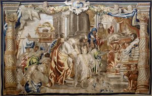 flamsk billedvev. Serien eukaristiens apoteose. Offer av mosaisk lov (Sacrificio de la Ley Mosaica). Model Cartoon kopiert fra en original av Rubens. Brussel produksjon. Produsert av Frans van den Hecke. Midten av 1600-tallet. Stoff Silke og ull, av Flemish School