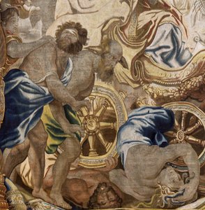 flamsk billedvev. Serien eukaristiens apoteose. Kirkens triumf (Triunfo de la Iglesia). Model Cartoon kopiert fra en original av Rubens. Brussel produksjon. Produsert av Frans van den Hecke. Midten av 1600-tallet. Stoff Silke og ull, 7/8 varp av Flemish School