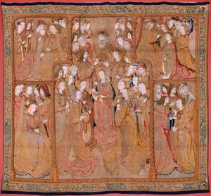 flamsk billedvev. Serien Vår Frue Andakt eller Gylne kluter. Jomfruens kroning (La Coronación de la Virgen). Fjerde billedvev i serien. Modelltegner fra kretsen til Colyn de Coter. Produksjon Pieter van Aelst, Brussel. Ca 1500-15 av Flemish School