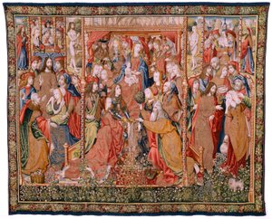 flamsk billedvev. Serie episoder fra The Life of the Virgin. Profetiene blir oppfylt ved Kristi fødsel (Oppfyllelse av profetiene ved Guds Sønns fødsel). Første billedvev i serien. Modeller tilskrevet Jan von Roome (eller van B av Flemish School
