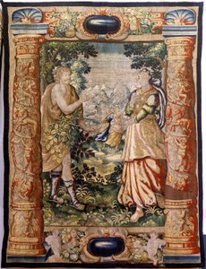 flamsk billedvev. Serie Gallantry (Galante). Galant scene (Escena galante). Produserer Brussel, tidlig på 1600-tallet. Stoff Silke og ull, 5/6 varp pr cm. Størrelse 348 x 263 cm. Plassering San Millán de la Cogolla kirke, Oncala (Soria). Opprinnelse En don av Flemish School