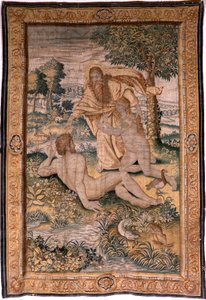 flamsk billedvev. Serien Genesis eller The Creation Man. Gud skaper kvinnen og introduserer henne for Adam (Dios crea a la mujer y la presenta a Adán). Modell basert på Michiel Coxcie. Produserer Jan Aerst i Brussel. Ca 1630. Stoff Silke og ull. av Flemish School