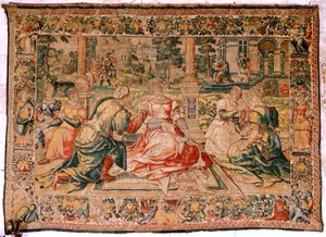 flamsk billedvev. Serien Mark Anthony og Cleopatra. Cleopatra og hennes hoff (Cleopatra en su corte). Model Cartoon tilskrevet Pieter Coecke van Aelst. Produksjon Brussel(?). Andre halvdel av 1500-tallet. Stoff Silke og ull. Størrelse 310 x 435 cm. Opprinn av Flemish School