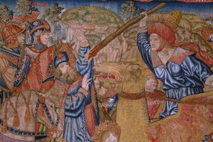 flamsk billedvev. Series Moralities: The Virtue of the honors (De deugd van de Honores, The Virtue of honours). Ca 1520. Detalj av Flemish School
