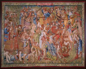 flamsk billedvev. Series Moralities: The Virtue of the honors (De deugd van de Honores, The Virtue of honours). Ca 1520. av Flemish School