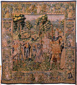flamsk billedvev. Serien Story of Cyrus. No II Astyages gjenkjenner Cyrus (Ciro reconocido por Astiages). Anonym, basert på Michiel Coxcie. Atelier Antwerpen. Silke og ull. Ca 1590. av Flemish School