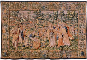 flamsk billedvev. Serien Story of Cyrus. No VI Tomyris beordrer hodet til Cyrus å dyppes i et blodkar (Tomiris manda sumergir la cabeza de Ciro en un recipiente lleno de sangre). Anonym, basert på Michiel Coxcie. Atelier Antwerpen. Silke og woo av Flemish School