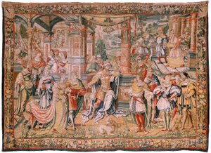 flamsk billedvev. Serien Story of David. David før Saul (David ante Saúl). Modell av Bernard van Orley. Produsere Brussel. Ca1525. Stoff Silke og ull. Størrelse 560 x 410 cm. Plassering Cathedral of Burgos. Opprinnelse Et legat til katedralen i 1535 av Car av Flemish School