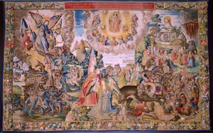 flamsk billedvev. Serien The Apocalypse: Saint Michael beseirer dragen. Atelier Willem Dermoyen, Brussel. Ca 1553-1555. av Flemish School