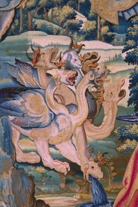 flamsk billedvev. Serien The Apocalypse: Saint Michael beseirer dragen. Atelier Willem Dermoyen, Brussel. Ca 1553-1555. Detalj. av Flemish School