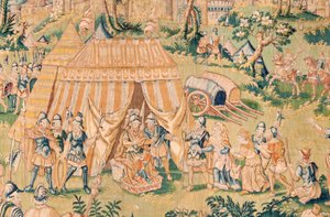 flamsk billedvev. Serien Judiths bok. Judith før Holofernes (Judith ante Holofernes). Femte billedvev i serien. Produksjon Nederland, Brussel(?). Andre halvdel av 1500-tallet. Stoff Ull. Plassering Church of Saint Nicholas of Bari (mus av Flemish School