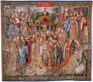 flamsk billedvev. Serien Davids og Batsebas historie. Bathseba ved badet hennes (Betsabé en el baño sorprendida por David). Første panel i serien. Anonym modell. Ukjent produksjon, Brussel av Flemish School