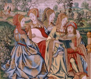 flamsk billedvev. Serien Davids og Batsebas historie. Bathseba ved badet hennes (Betsabé en el baño sorprendida por David). Første panel i serien. Anonym modell. Ukjent produksjon, Brussel av Flemish School