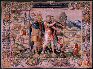 flamsk billedvev. Serien Hannibals historie. Krysset av Alpene (Paso de los Alpes). Andre billedvev av de bevarte. Modeller Anonym mester i Nederland. Brussels produksjon, verksted. Ca 1570. Stoff Ull og silke, 6,5/7 varp pr av Flemish School