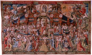 flamsk billedvev. Serien The Honours. Dyd (La Virtu, El Vicio). Åttende billedvev i serien. Modelltegnere fra kretsen til Bernard van Orley og Jan Gossaert (Mabuse). Produksjon Pieter van Aelst, Brussel. Ca 1550. Stoff Gull, sølv, silke a av Flemish School
