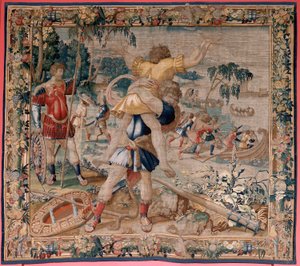 flamsk billedvev. Serien The Labors of Hercules. Hercules og Antaeus (Hércules y Anteo). Fjerde billedvev i den eksisterende serien. ; Ukjent modell. Produksjon Willem Dermoyen, Brussel. Ca 1528. Stoff Silke og ull. Størrelse 362 x 403 cm. Plassering Royal av Flemish School