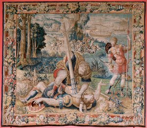 flamsk billedvev. Serien The Labors of Hercules. Hercules kjemper mot Minotauren. Hercules kjemper mot Minotauren). Andre billedvev i den eksisterende serien. Ukjent modell. Produksjon Willem Dermoyen, Brussel. Ca 1528. av Flemish School