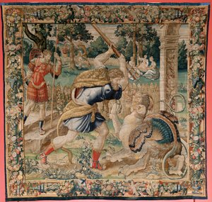 flamsk billedvev. Serien The Labors of Hercules. Hercules i Hesperides hage (Hércules en el jardín de las Hespérides). Femte billedvev i den eksisterende serien. Ukjent modell. Produksjon Willem Dermoyen, Brussel. Ca 1528. Stoff Silke og ull. av Flemish School
