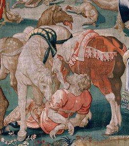 flamsk billedvev. Serien The Labors of Hercules. Hestene til Diomedes (Los caballos de Diomedes). Tredje billedvev i den eksisterende serien. Ukjent modell. Produksjon Willem Dermoyen, Brussel. Ca1528. Stoff Silke og ull. Størrelse 350 x 400 cm. Sted Royal av Flemish School