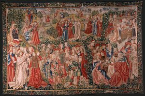 flamsk billedvev. Serien Lignelsen om arbeiderne i vingården. Oppfordringen til arbeiderne (La llamada a los trabajadores). Første billedvev i serien. Produsere Brussel, Pieter van Aelsts verksteder(?). Ca 1500. Stoff Silke og ull, 6 renninger pe av Flemish School
