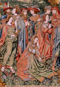 flamsk billedvev. Serien The Passion of Christ. Nedstigningen fra korset (Descendimiento). Den andre billedvevserien av Kristi lidenskap som tilhører Patrimonio Nacional. Modelltegnere fra kretsen til Jan van Roome. Produksjon Pieter va av Flemish School