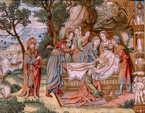 flamsk billedvev. Serien The Passion of Christ. Nedstigningen fra korset (Descendimiento). Den andre billedvevserien av Kristi lidenskap som tilhører Patrimonio Nacional. Modelltegnere fra kretsen til Jan van Roome. Produksjon Pieter va av Flemish School