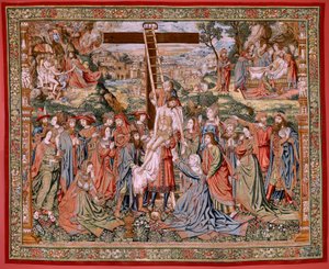 flamsk billedvev. Serien The Passion of Christ. Nedstigningen fra korset (Descendimiento). Den andre billedvevserien av Kristi lidenskap som tilhører Patrimonio Nacional. Modelltegnere fra kretsen til Jan van Roome. Produksjon Pieter va av Flemish School