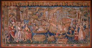 flamsk billedvev. Serie The Portuguese in India: The Arrival in Calicut (Fra Aankomst i Calicut, Llegado de Vasco de Gama til Lisboa). Ca 1510. Samling Caixa Geral de Depósitos, Lisboa. av Flemish School