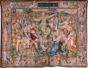 flamsk billedvev. Serien De syv dyder. Rettferdighet (La Justicia). Modell basert på Michiel Coxcie. Produsere Brussel. Produsert av Frans Geubels. Ca 1560-1570. Stoff Silke og ull. Størrelse 330 x 450 cm. Plassering Cathedral of Burgos. Opprinnelse Et leg av Flemish School