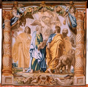 flamsk billedvev. Serien Nattverdens triumf. De fire evangelistene (Los cuatro evangelistas). Elvte billedvev i serien. Modell Peter Paul Rubens. 1626-1628. Produksjon Jan II Raes, Hans Vervoert, Jacques Fobert, Brussel av Flemish School