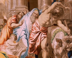 flamsk billedvev. Serien Nattverdens triumf. Eukaristiens seier over hedenske ofre (Victoria de la Eucaristía sobre los sacrificios paganos). Fjerde billedvev i serien. Modell Peter Paul Rubens. 1626-1628. Produksjon Jan II Raes, Jac av Flemish School